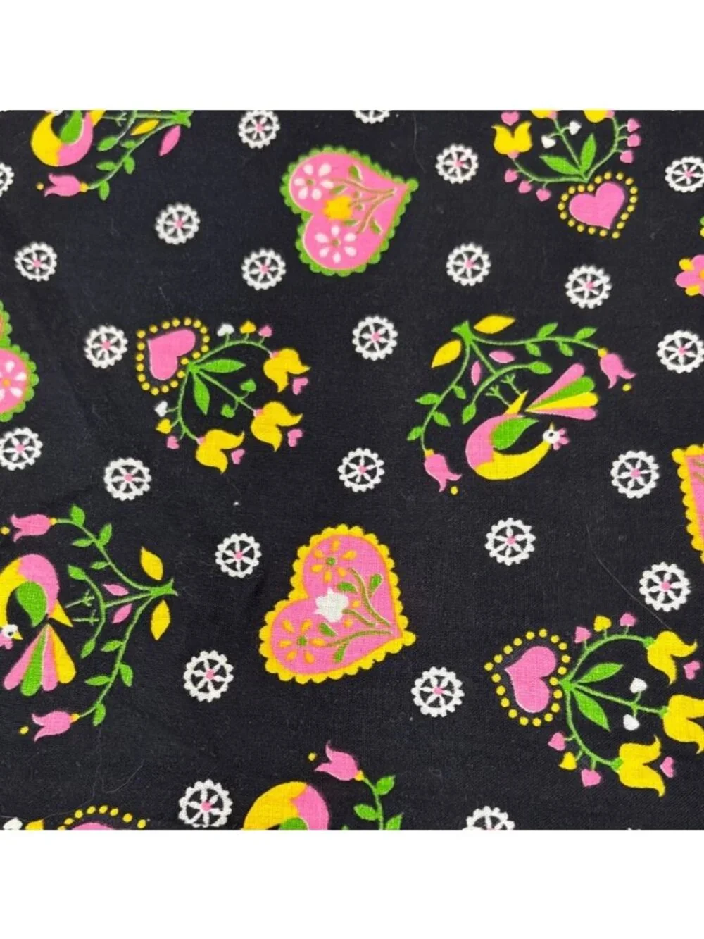 Black Cotton Fabric Colorful Bird Heart Design 1/2 yard x 44
